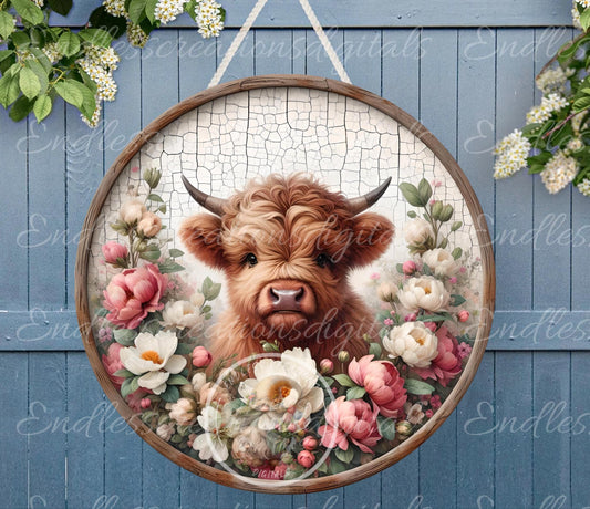 SPRING FLORAL HIGHLAND Wreath Sign door hanger wind spinners, slate for sublimation high resolution 2 files for download 1 add your own text