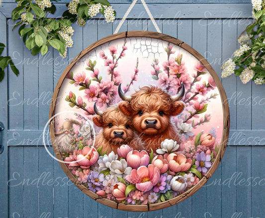 SPRING FLORAL HIGHLAND Wreath Sign door hanger wind spinners, slate for sublimation high resolution 2 files for download 1 add your own text