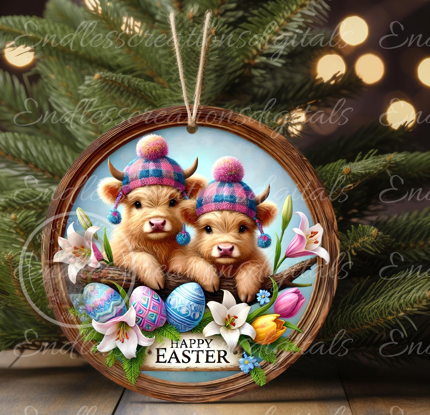 EASTER HIGHLAND COW Sign, door hanger, slate for sublimation high resolution, 2 files for download, 1 add your own text