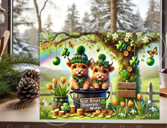 ST. PADDY'S SPRING Highland Cow, digital download only, can be sized for slates, cutting boards, tumblers 2 files, 1 blank for your own text