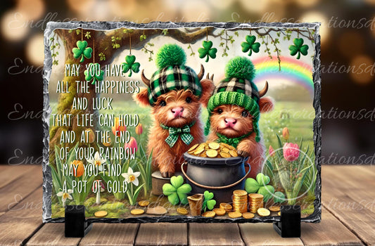 ST. PADDY'S SPRING Highland Cow, digital download only, can be sized for slates, cutting boards, tumblers 2 files, 1 blank for your own text