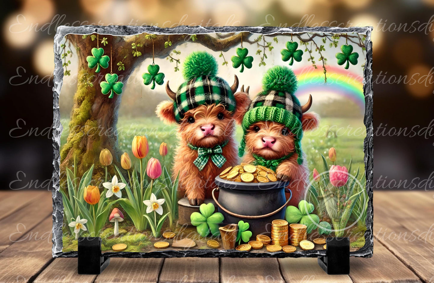 ST. PADDY'S SPRING Highland Cow, digital download only, can be sized for slates, cutting boards, tumblers 2 files, 1 blank for your own text