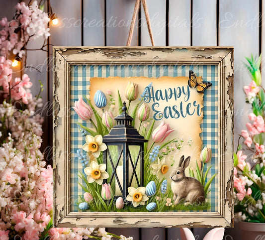 SQUARE HAPPY EASTER Wreath Sign, door hanger, wind spinner, slate for sublimation high resolution 2 files for download, 1 add your own text