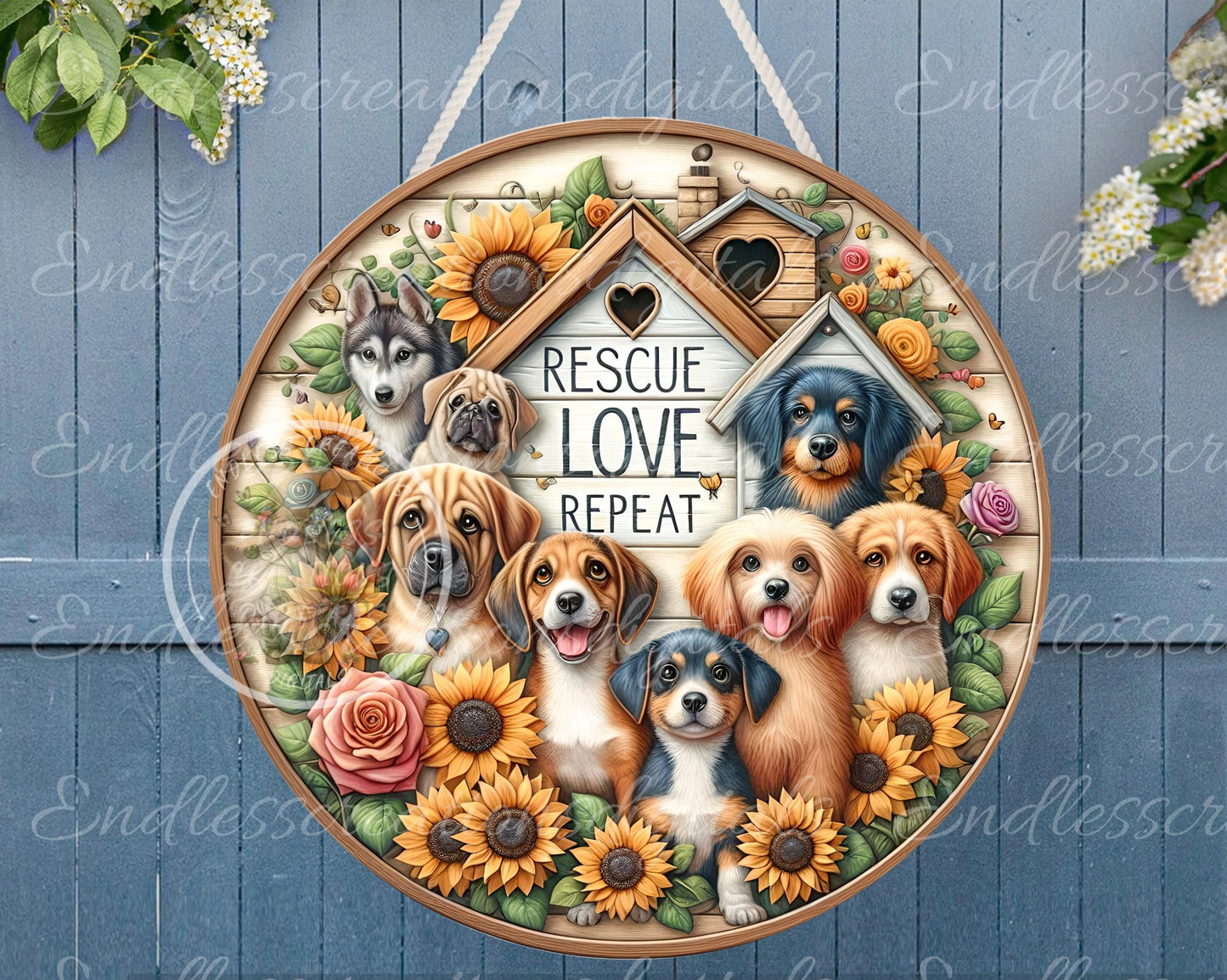 DOG RESCUE SPRING Floral Wreath Sign, door hanger