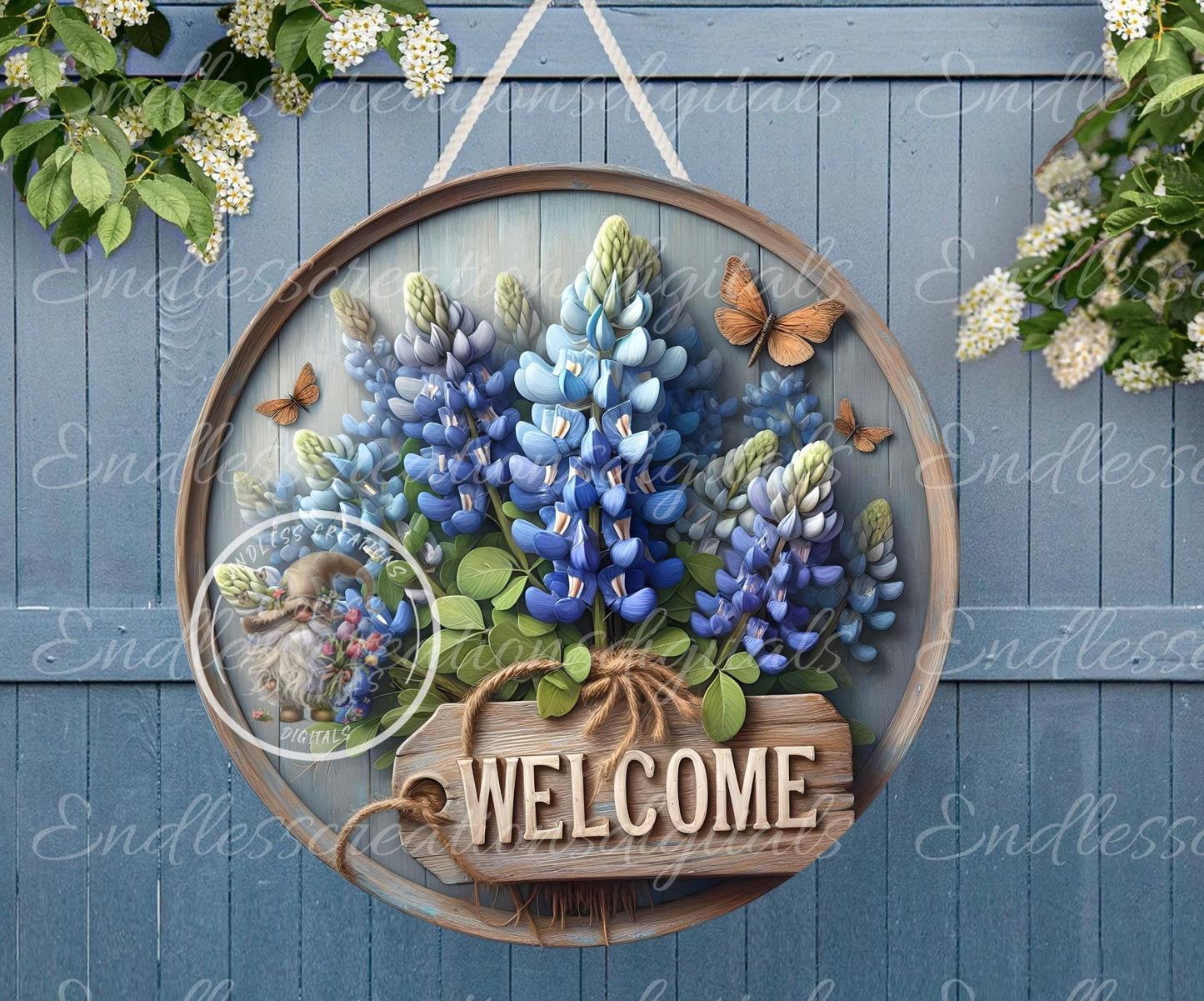 WELCOME BLUEBONNETS SPRING door hanger, keychain, round slate,  for sublimation high resolution can be resized, 2 files 1 blank, resize