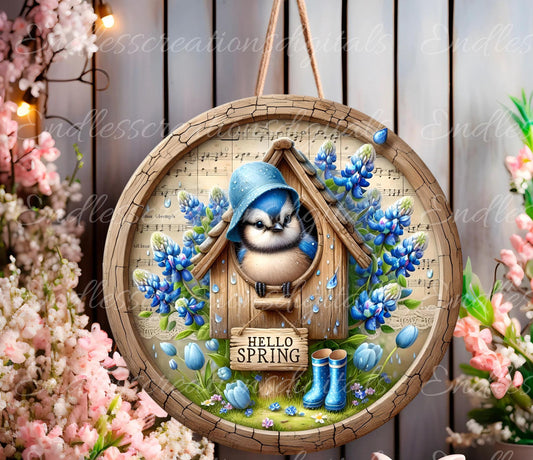 SPRING BABY BLUEJAYS Wreath Sign, door hanger, wind spinners, slate for sublimation high resolution 2 files for download 1 add your own text