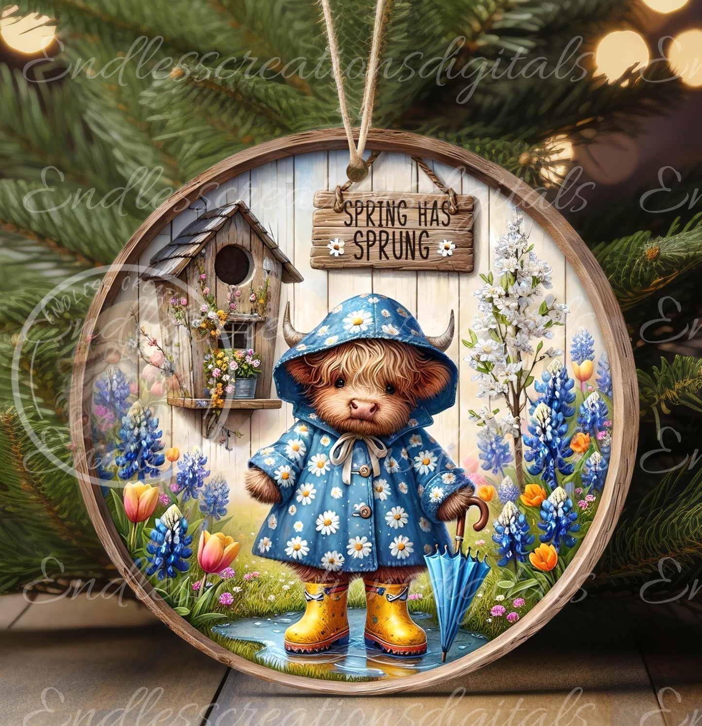 SPRING BABY HIGHLAND Wreath Sign, door hanger, wind spinners slate for sublimation high resolution 2 files for download 1 add your own text