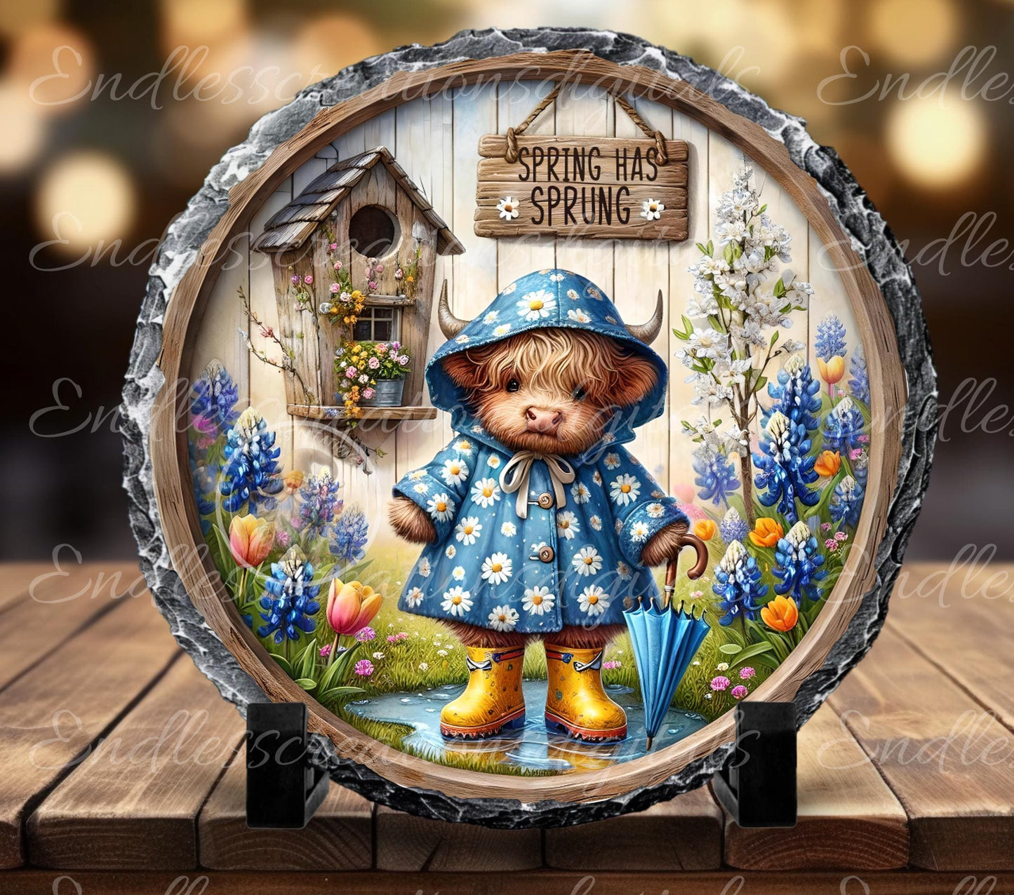 SPRING BABY HIGHLAND Wreath Sign, door hanger, wind spinners slate for sublimation high resolution 2 files for download 1 add your own text