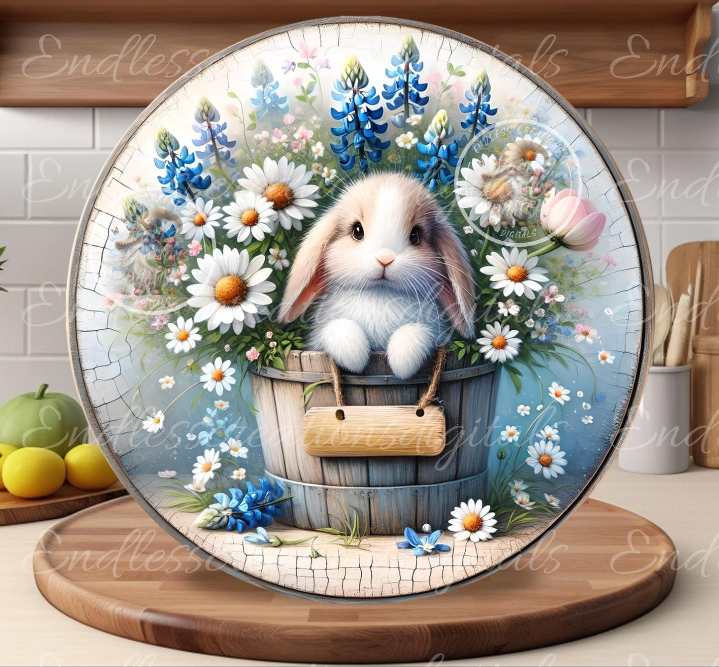 WELCOME SPRING FLORAL Bunny Wreath Sign, door hanger slate wind spinner for sublimation high resolution 2 files for download including blank