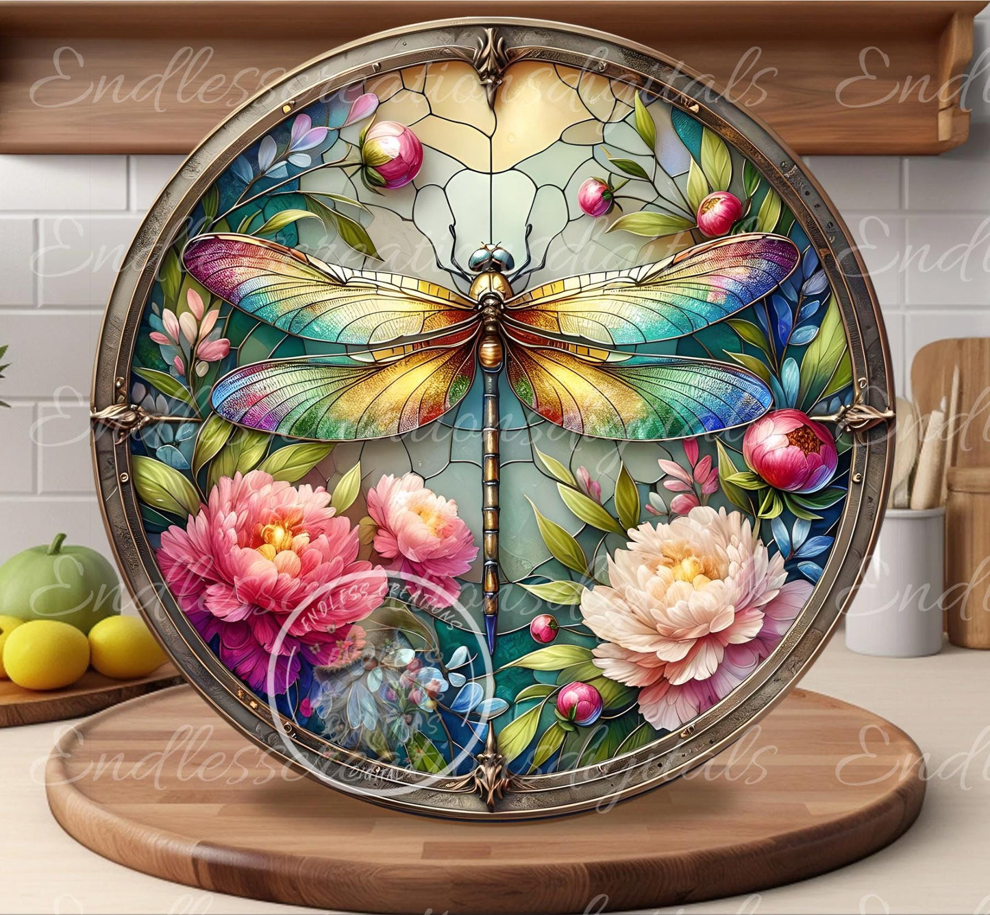 SPRING DRAGONFLY PEONY Wreath Sign, door hanger, slate, wind chime for sublimation high resolution 1 file for download
