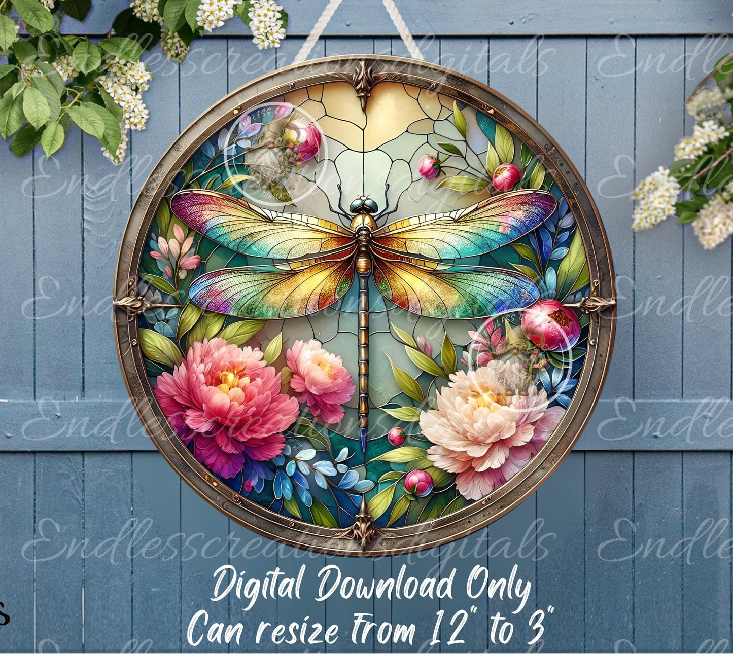 SPRING DRAGONFLY PEONY Wreath Sign, door hanger, slate, wind chime for sublimation high resolution 1 file for download