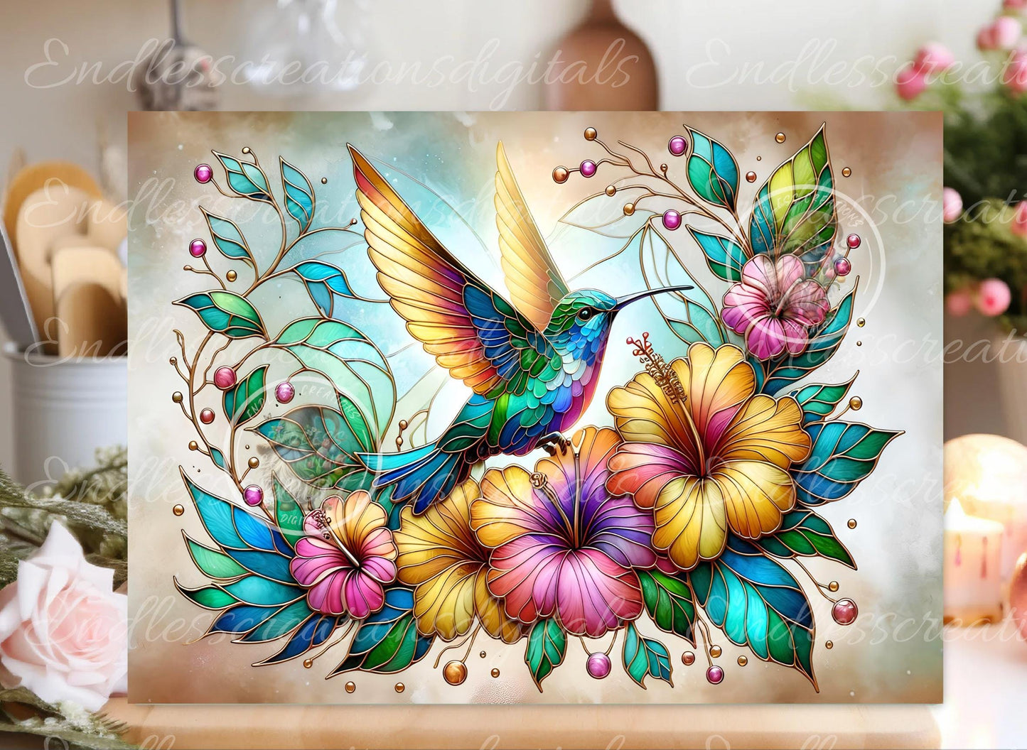 STAINED GLASS LOOK RECTANGLE HUMMINGBIRD AND HIBISCUS