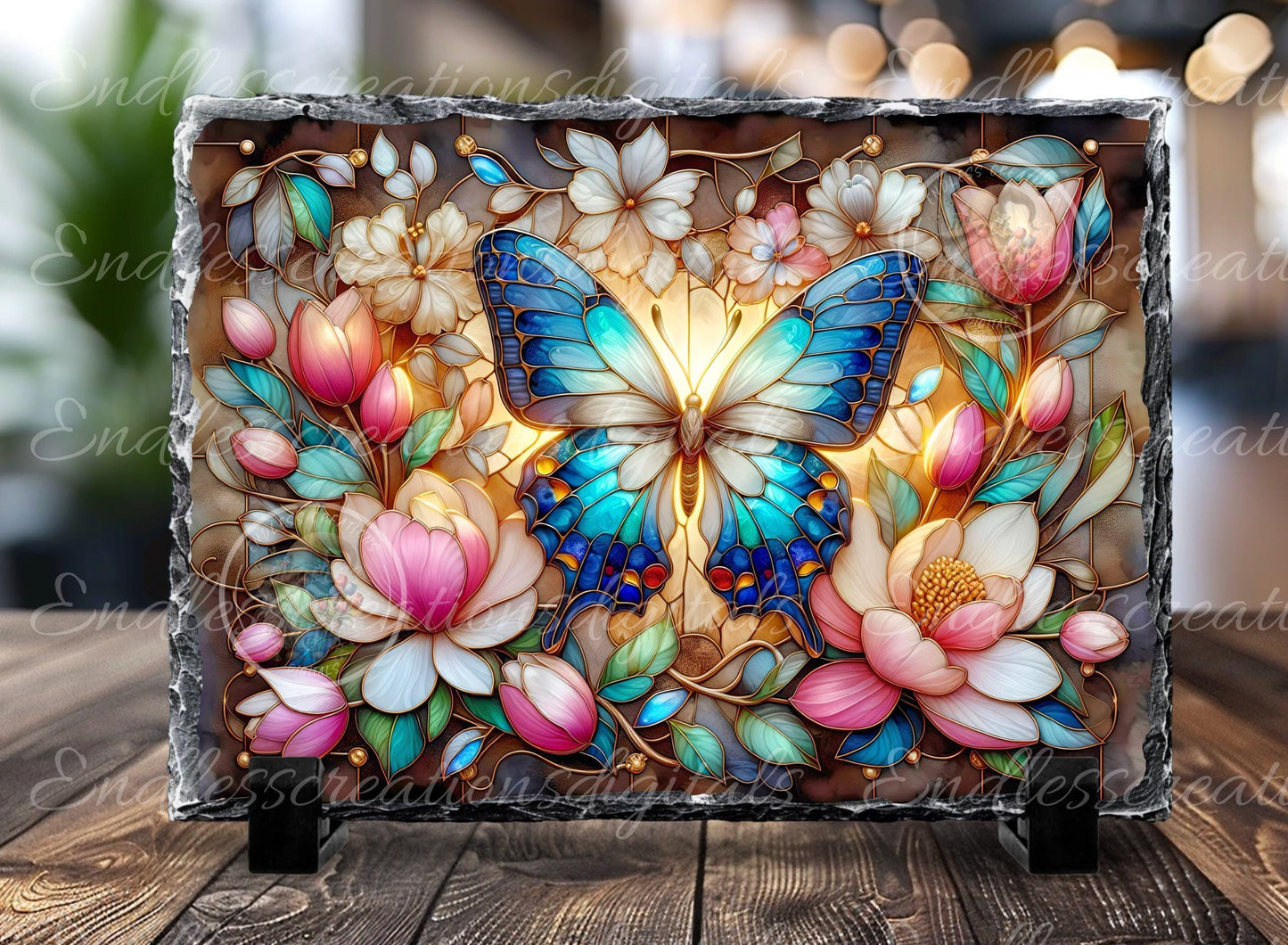 STAINED GLASS LOOK BUTTERFLIES AND MAGNOLIAS RECTANGLE CUTTING BOARD DIGITAL