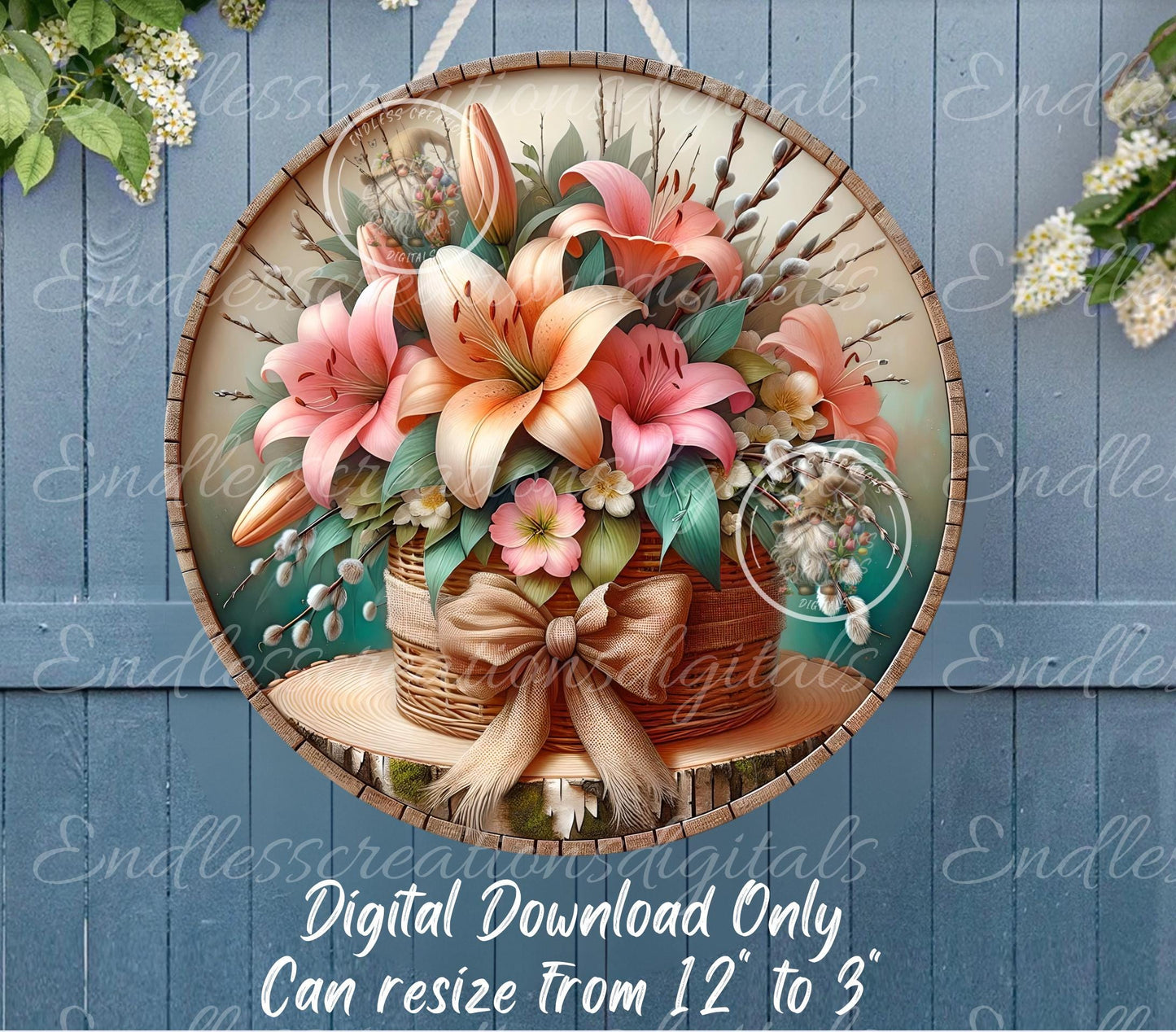 SPRING  BASKET of Lilies Floral Wreath Sign, door hanger, slate, wind spinner for sublimation high resolution 1 file for download