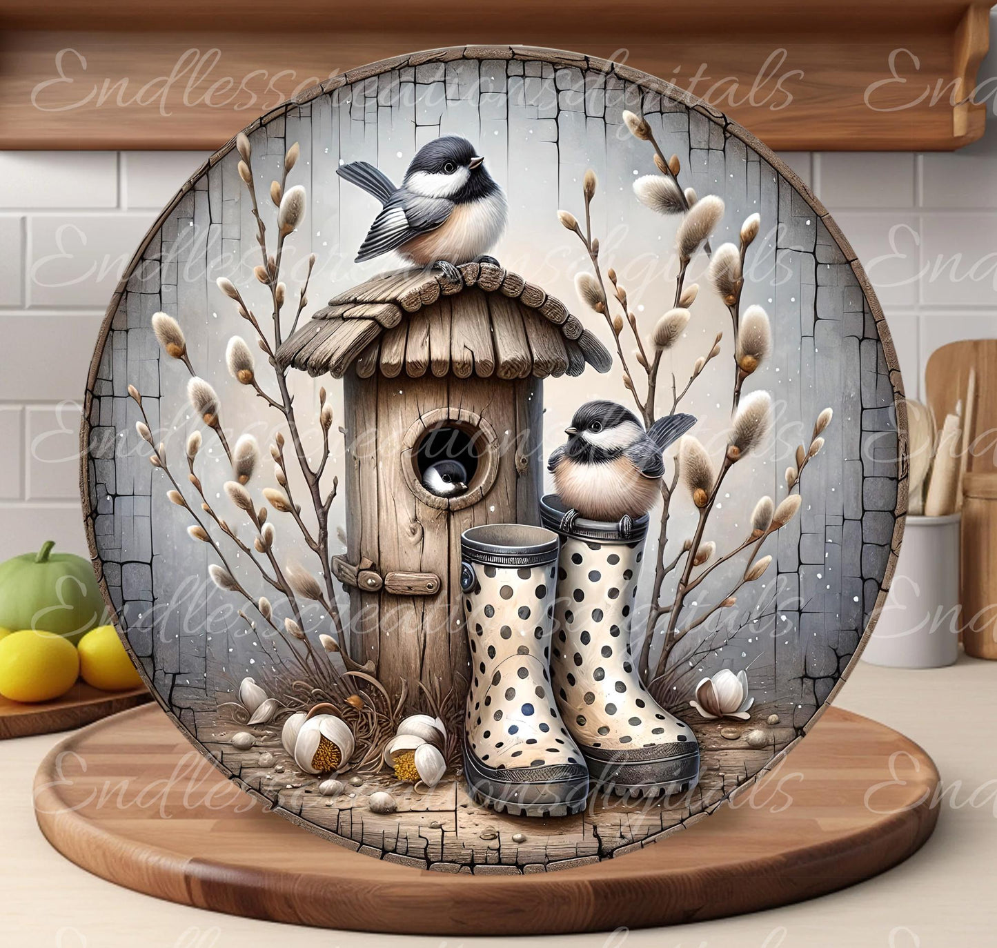 SPRING CHICKADEES Wreath Sign, door hanger, Cutting Board, slate for sublimation, 300 dpi  1 file for download can be resized from 3 to 12"