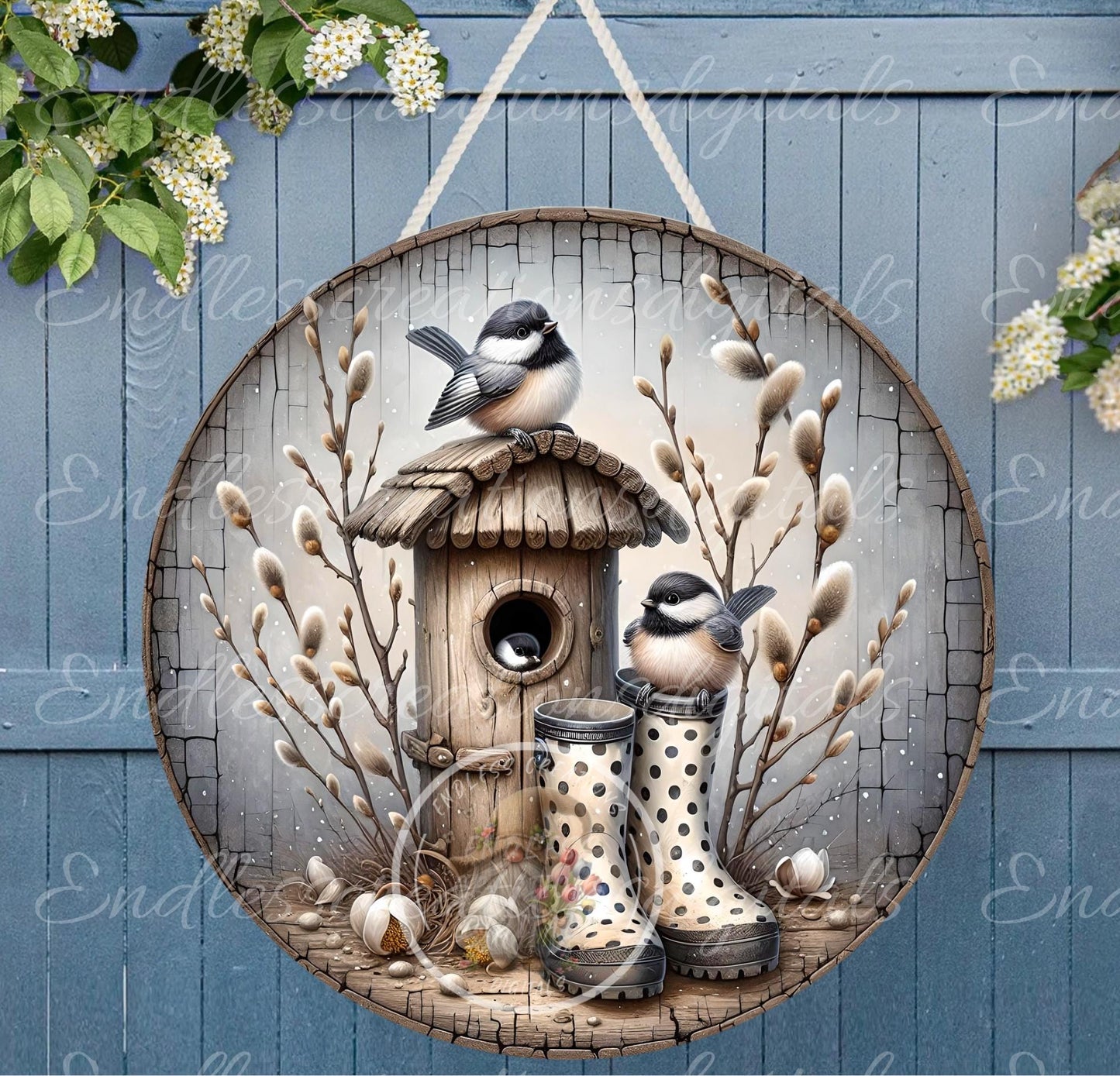 SPRING CHICKADEES Wreath Sign, door hanger, Cutting Board, slate for sublimation, 300 dpi  1 file for download can be resized from 3 to 12"