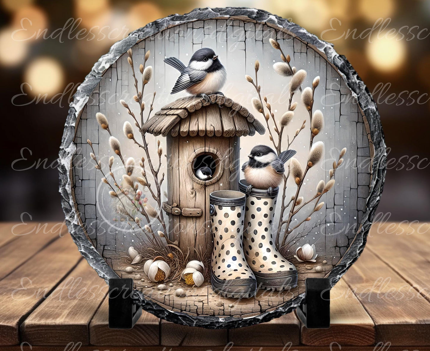 SPRING CHICKADEES Wreath Sign, door hanger, Cutting Board, slate for sublimation, 300 dpi  1 file for download can be resized from 3 to 12"