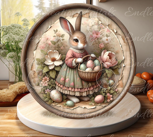 PINK MOSS GREEN Vintage Girl Bunny Round