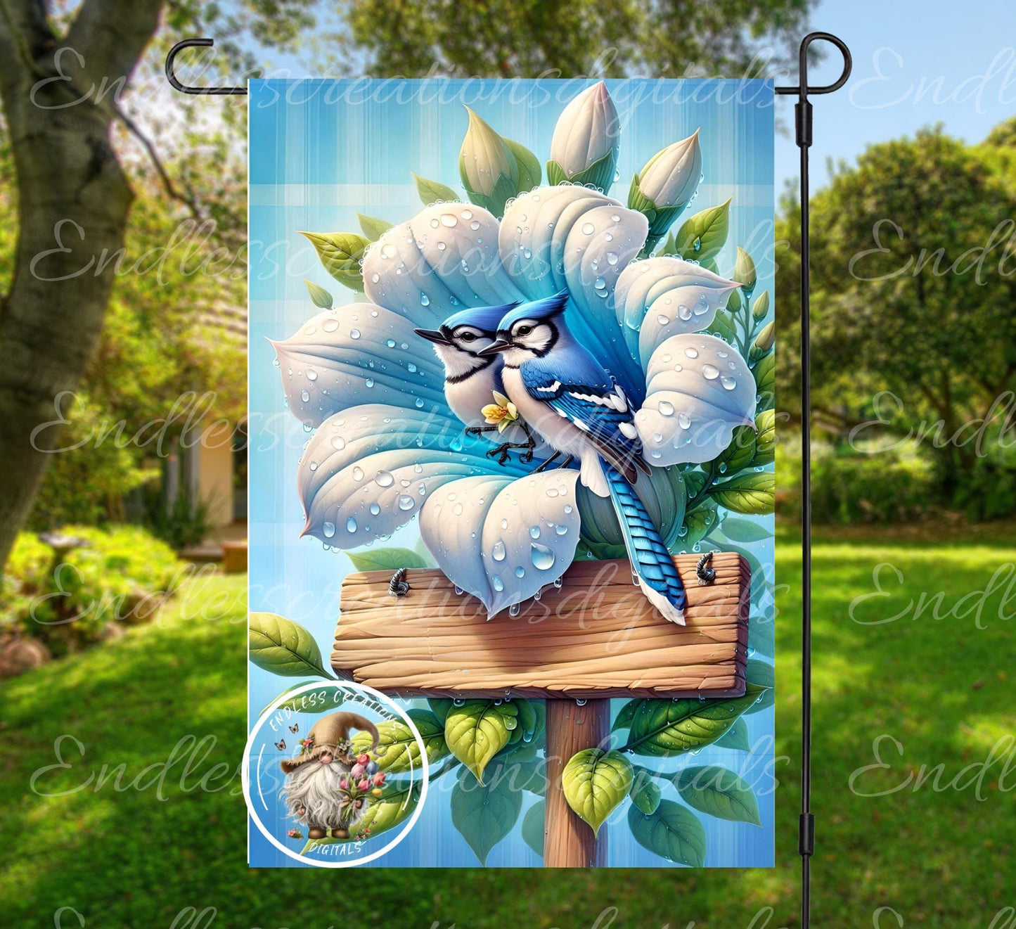 FLORAL BLUE JAYS Welcome Garden flag