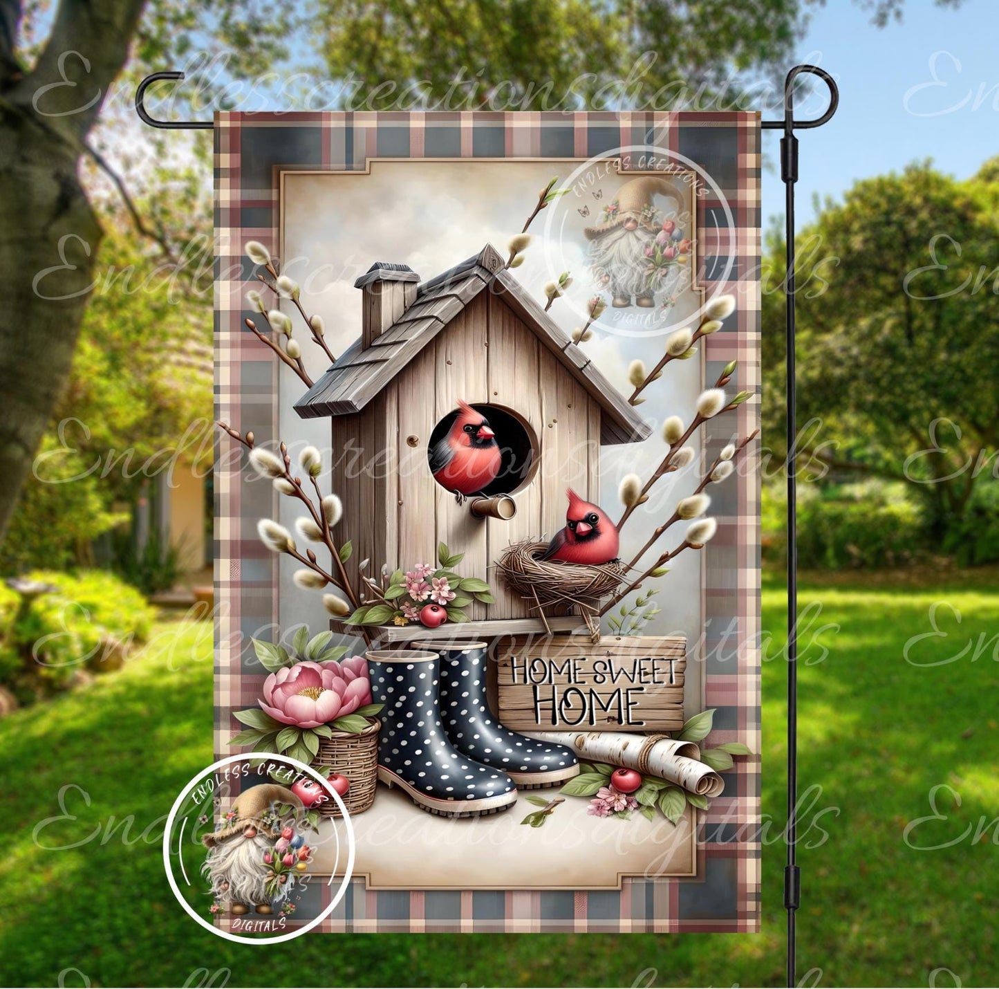 BIRDHOUSE CARDINALS Garden flag