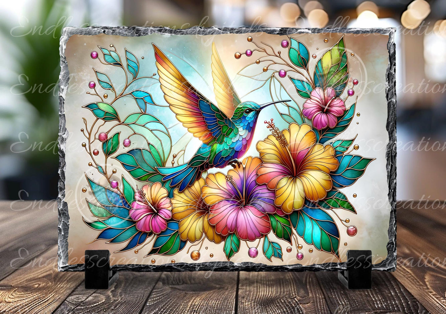 STAINED GLASS LOOK RECTANGLE HUMMINGBIRD AND HIBISCUS