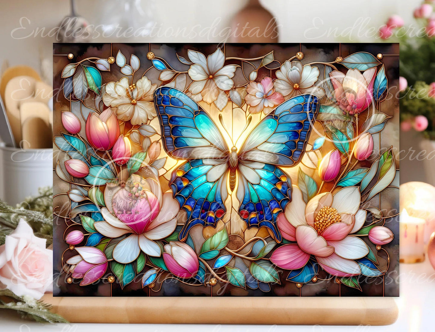 STAINED GLASS LOOK BUTTERFLIES AND MAGNOLIAS RECTANGLE CUTTING BOARD DIGITAL
