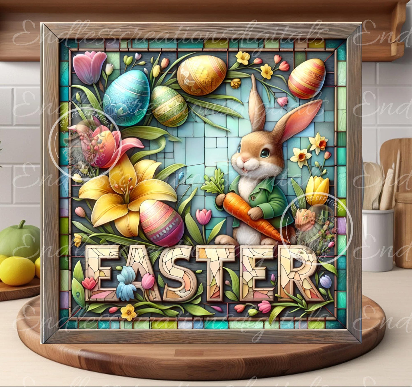 STAINED GLASS LOOK Easter Bunny Square Wreath Sign, door hanger, slate, cutting board for sublimation high resolution 1 file for download