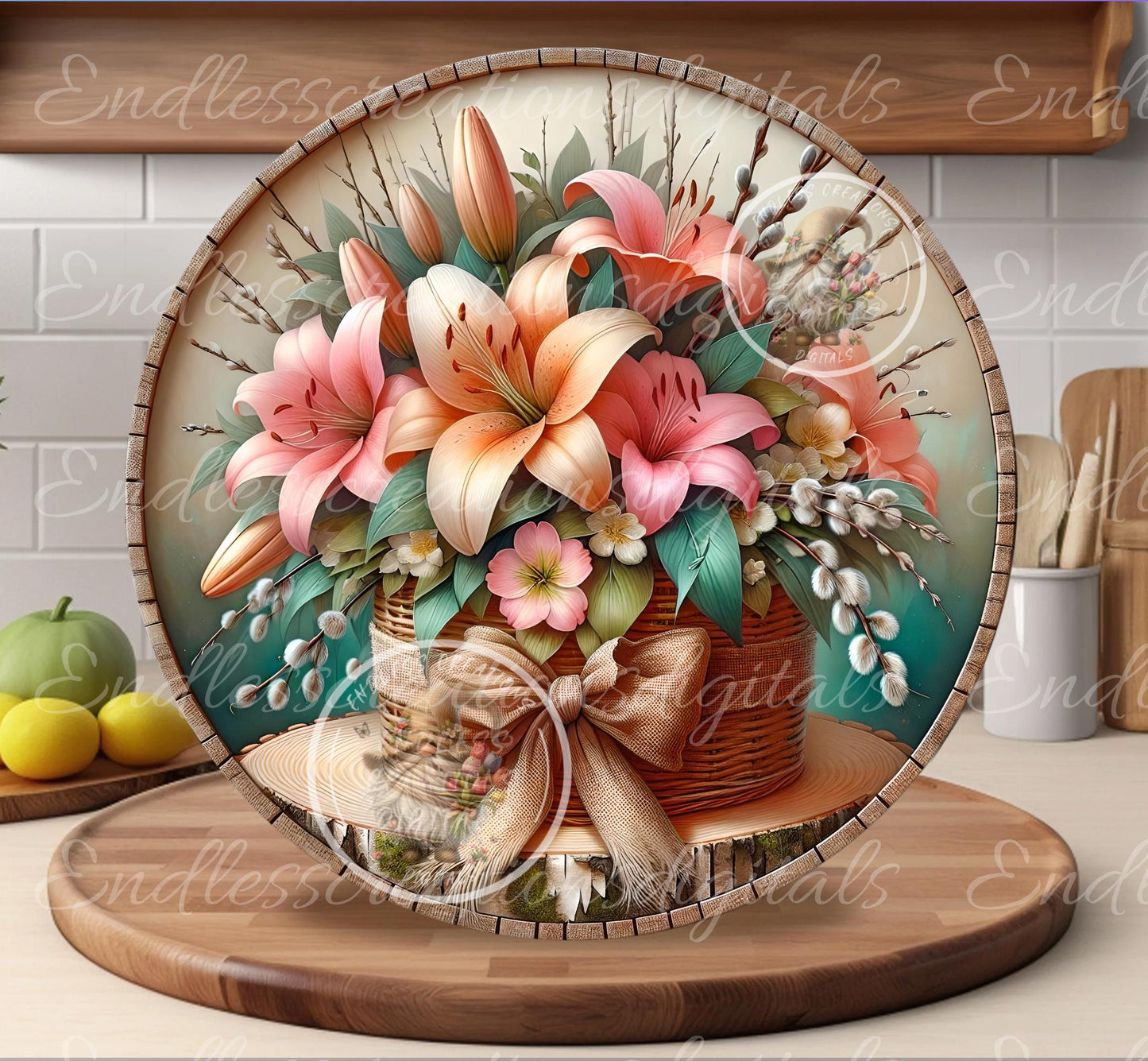 SPRING  BASKET of Lilies Floral Wreath Sign, door hanger, slate, wind spinner for sublimation high resolution 1 file for download