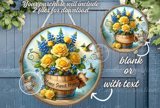 HOME SWEET HOME Barrel of Yellow Roses and Bluebonnets