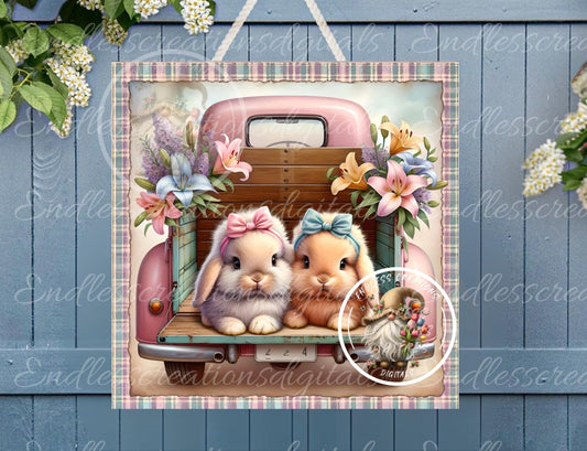 SQUARE PINK SPRING Truck With Baby Bunnies