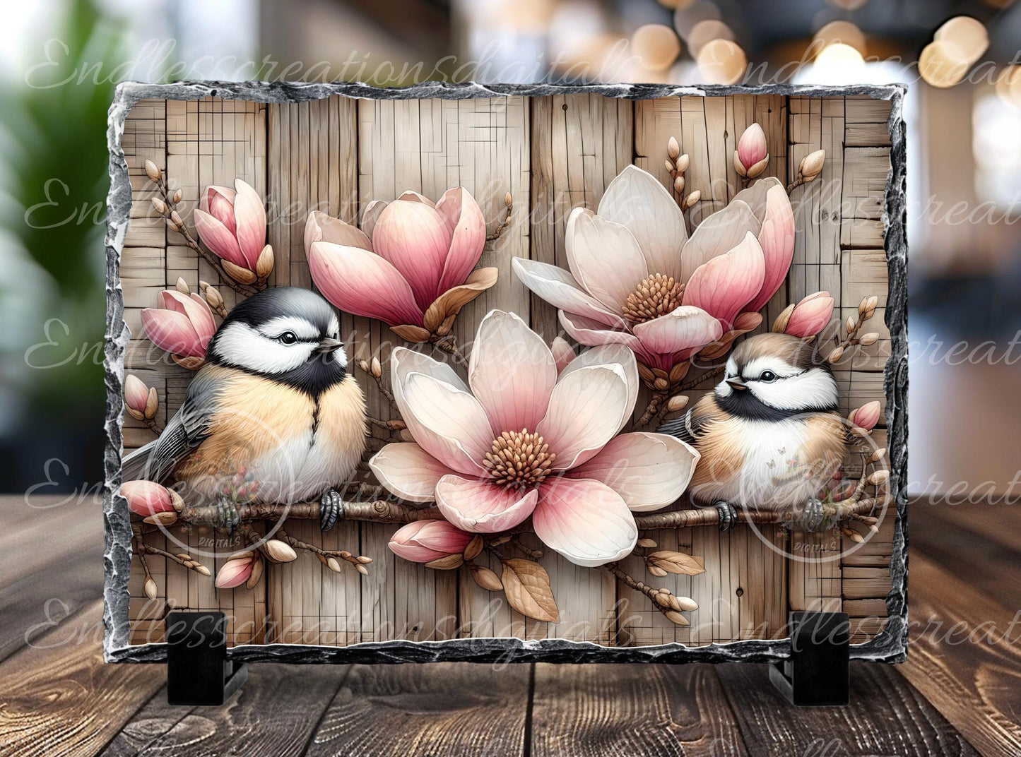 MAGNOLIA CHICKADEES WOOD LOOK RECTANGLE