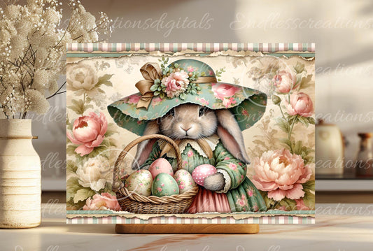 PINK MOSS GREEN Vintage Girl Bunny RECTANGLE
