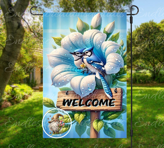 FLORAL BLUE JAYS Welcome Garden flag