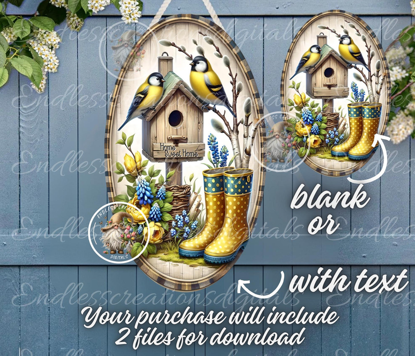 OVAL DIGITAL FINCHES BLUEBONNETS Floral Birdhouse