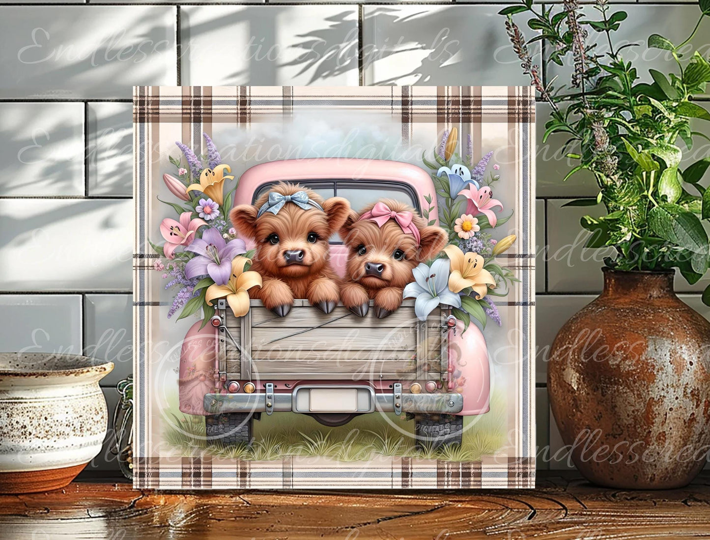 SQUARE PINK SPRING Truck With Baby Highlands