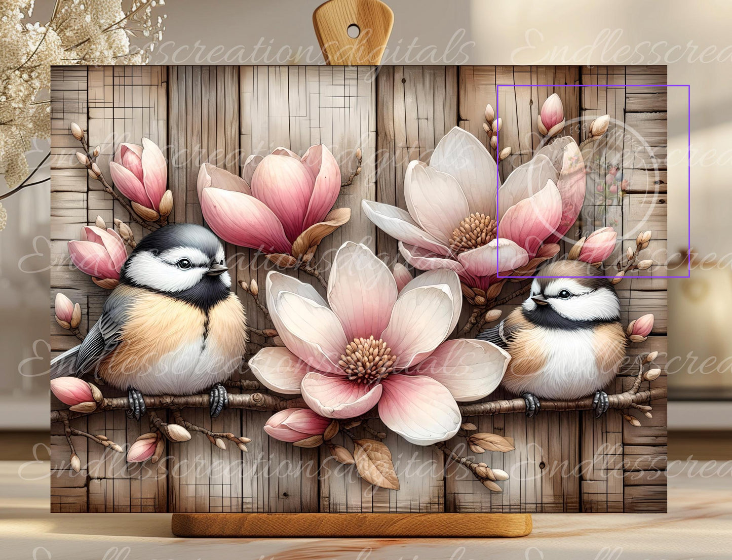 MAGNOLIA CHICKADEES WOOD LOOK RECTANGLE