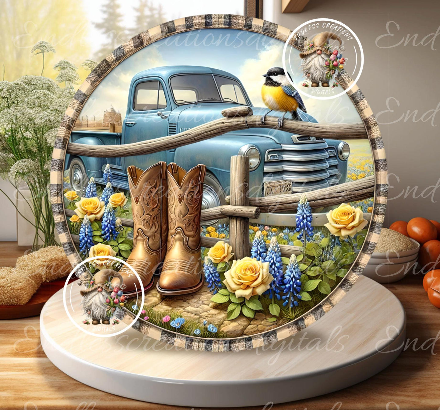 SUMMER BLUE TRUCK Floral Round