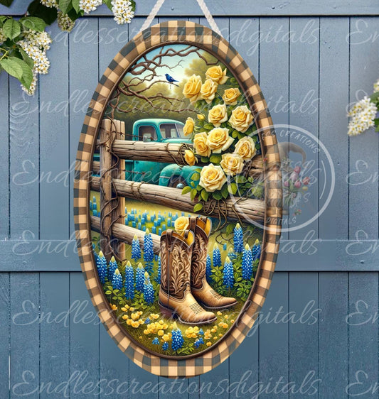 BLUE TRUCK FLORAL OVAL DIGITAL