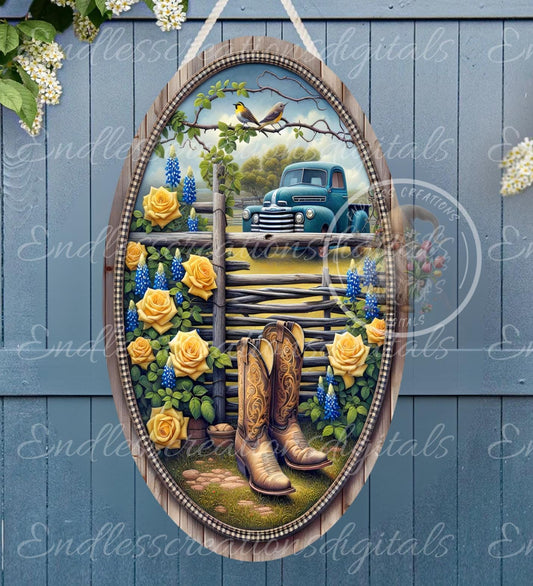 BLUE TRUCK FLORAL OVAL DIGITAL